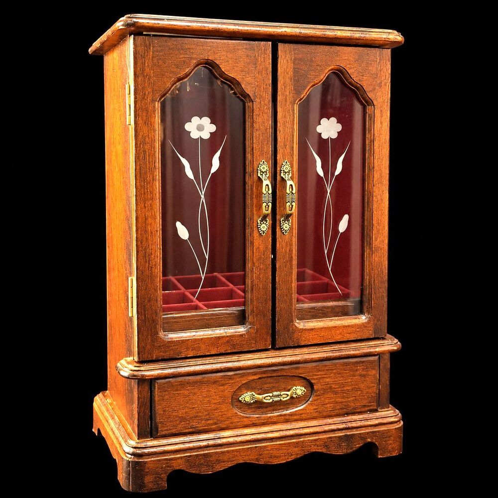 Vintage Wood Jewelry Music Box, Mauve Velvet Lining, Etched Glass Doors, Mirror